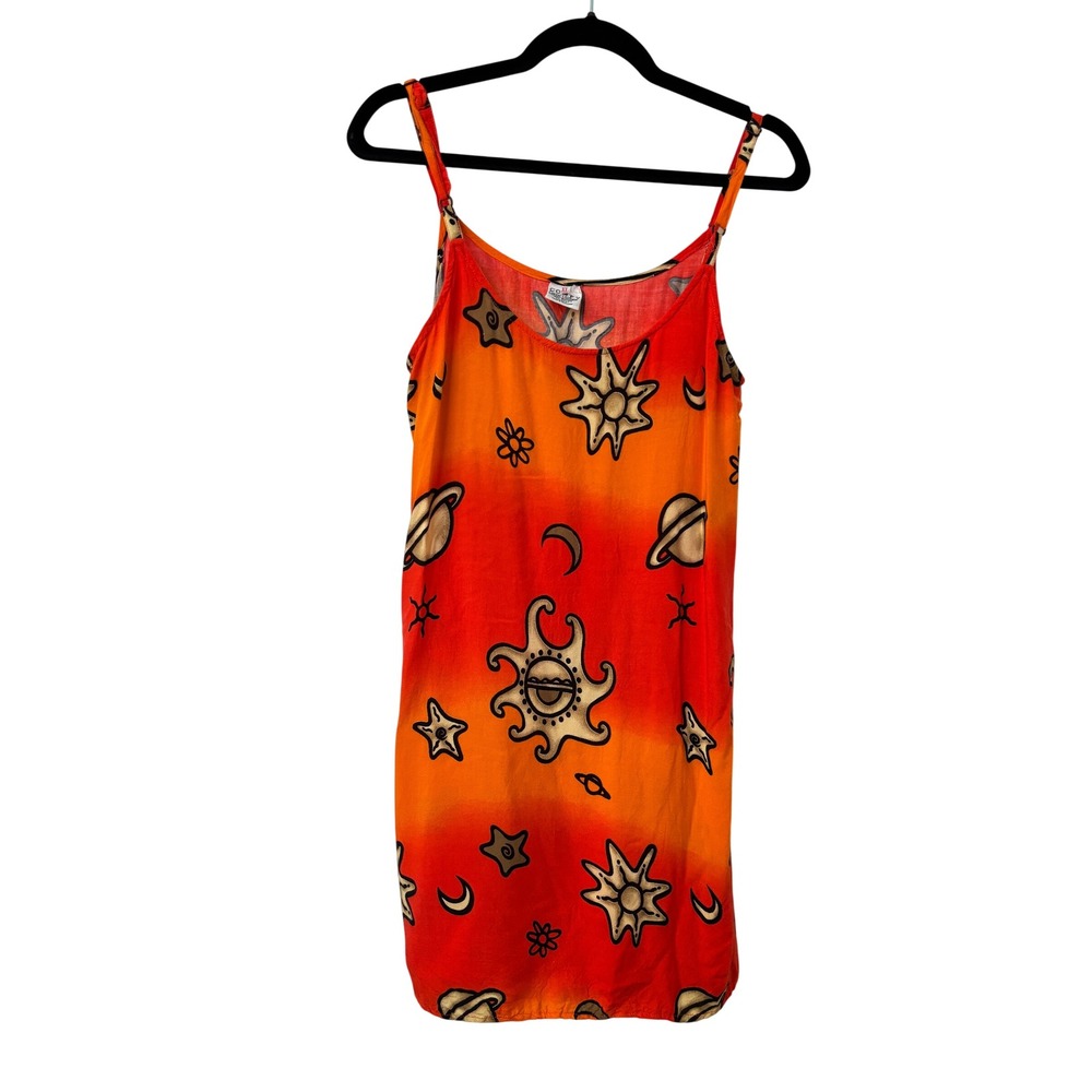 Y2K Celestial Sun Moon Star Rayon Mini Dress Orange Comfy Clothes Womens XL